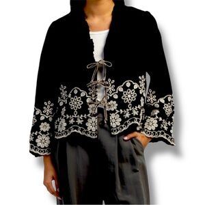 Solitaire Black Floral Embroidered Women's Tie Blouse